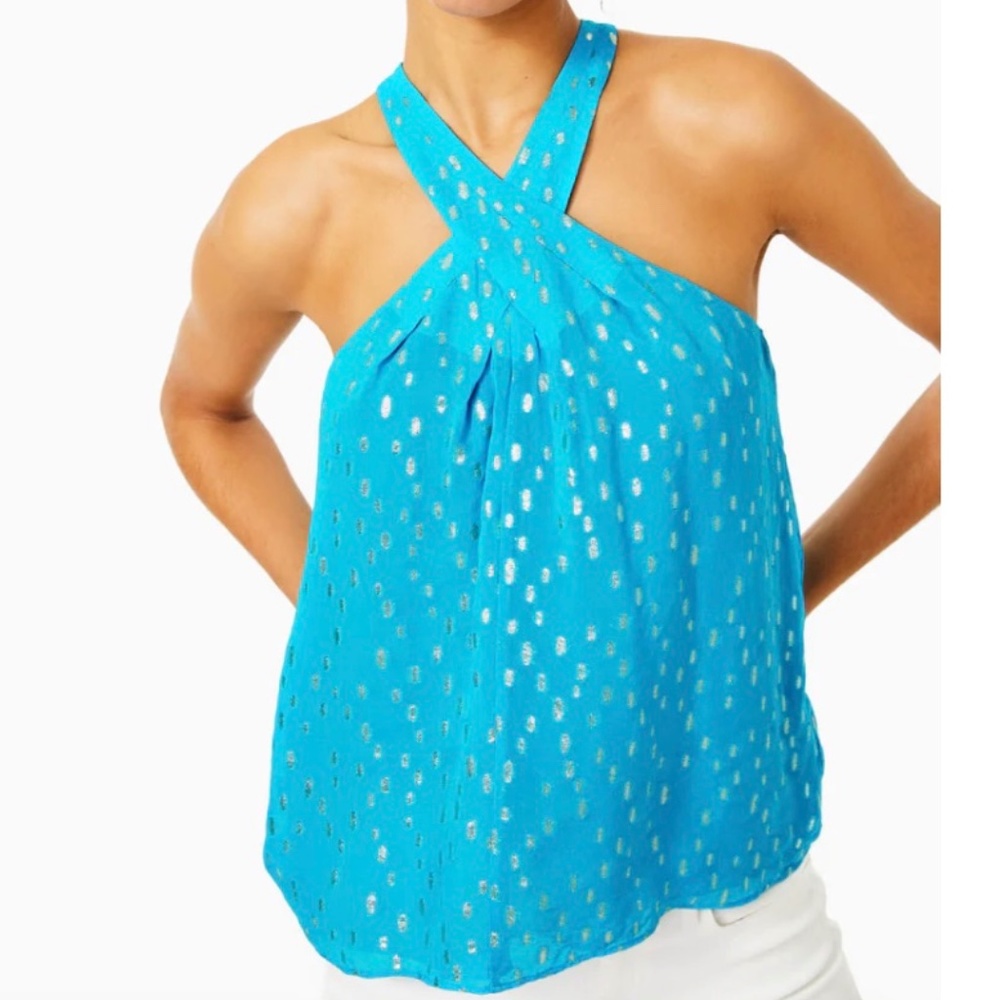 NEW NIB NWT LILLY PULITZER Rori Halter Top In Cumulus Blue Metallic XL